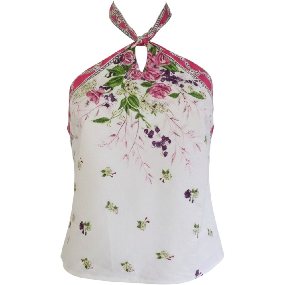 Ann Taylor LOFT Halter Top Womens 8 White Floral Linen Scarf Print 116107